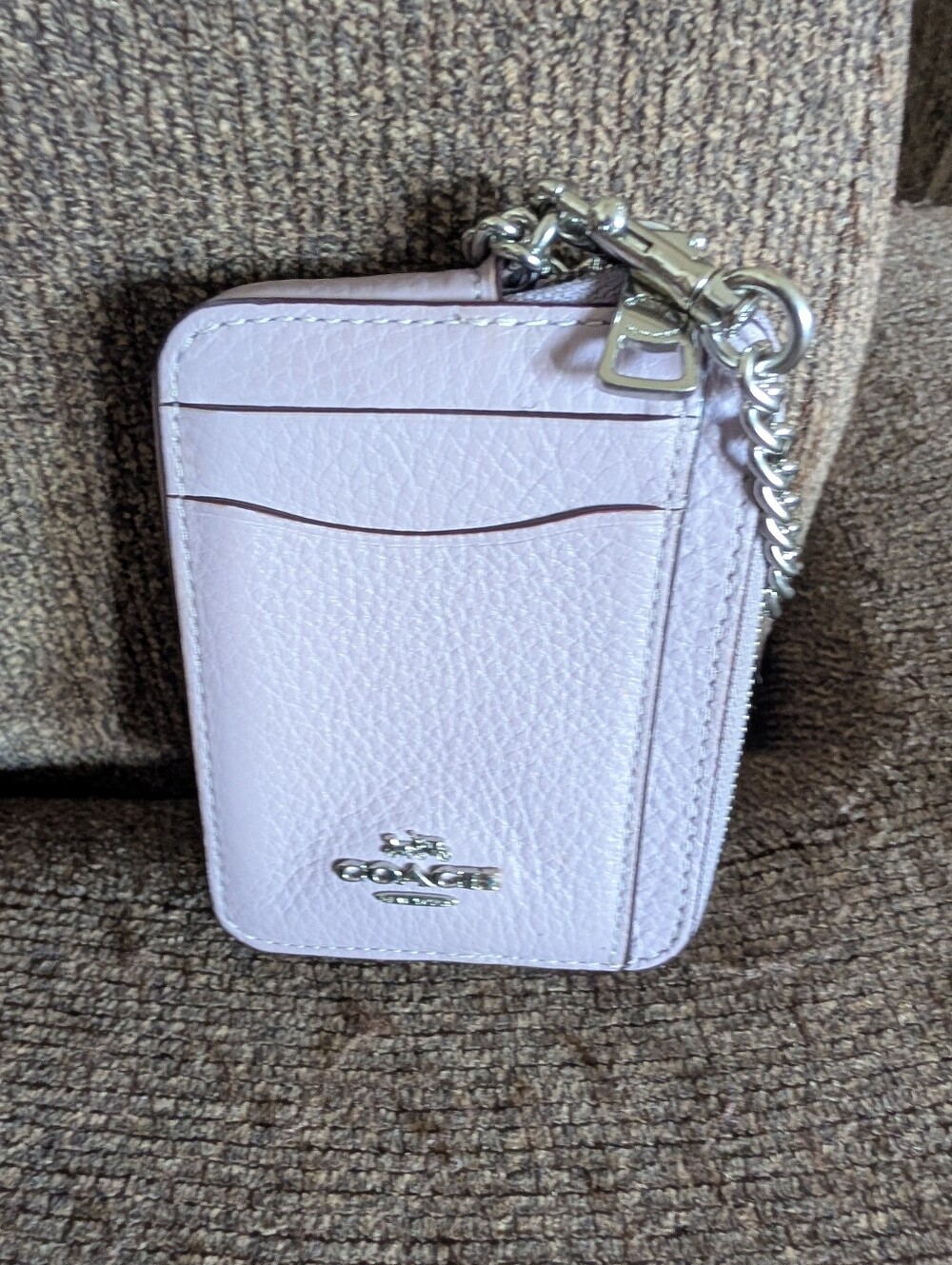 Coach Light Pink Pebble Leather Card Case with Chain and Card Slots